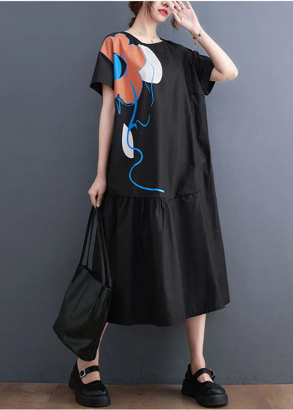 French Black O-Neck Patchwork Wrinkled Cotton Party Dress Summer - Image 5