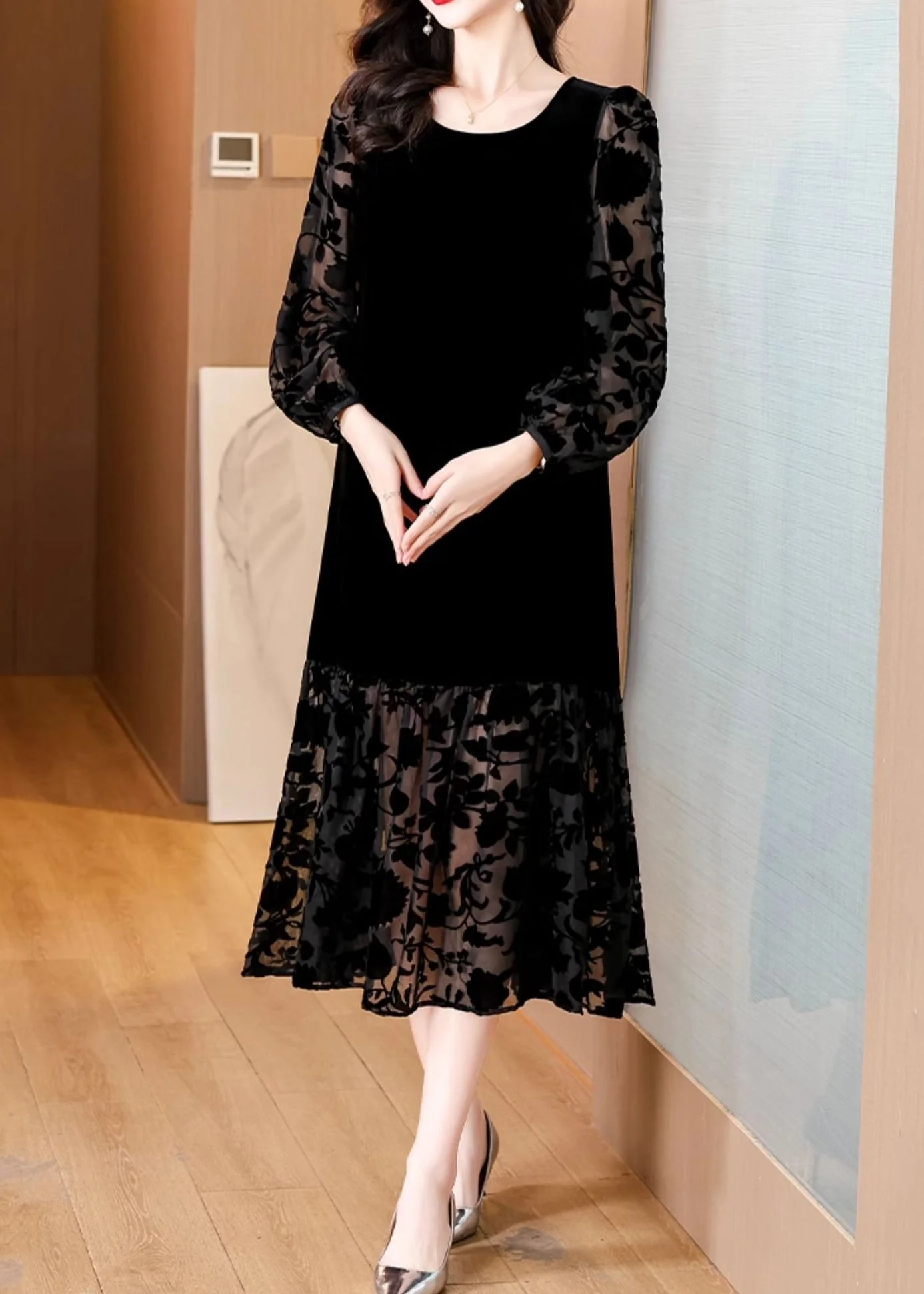 French Black O Neck Pockets Silk Velvet Long Dress Spring - Image 2