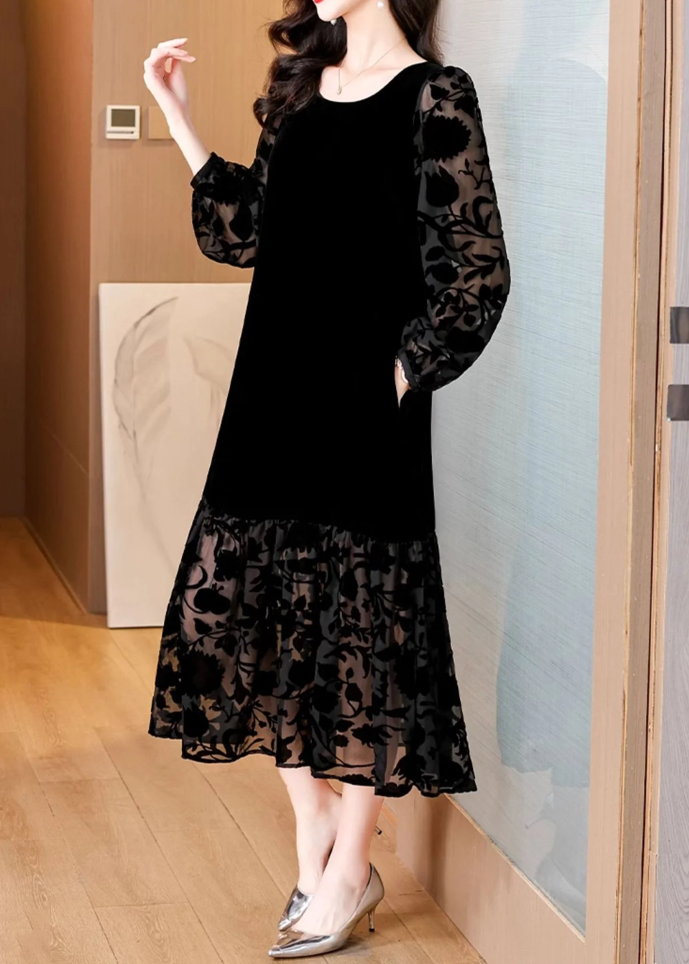 French Black O Neck Pockets Silk Velvet Long Dress Spring - Image 3