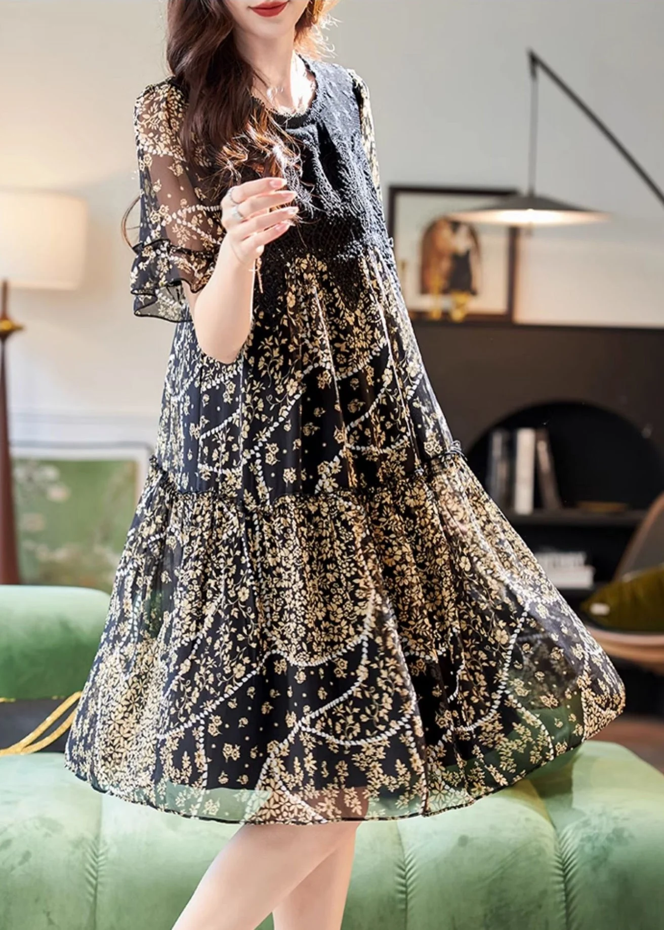 French Black O-Neck Print Long Dress Short Sleeve - Image 3
