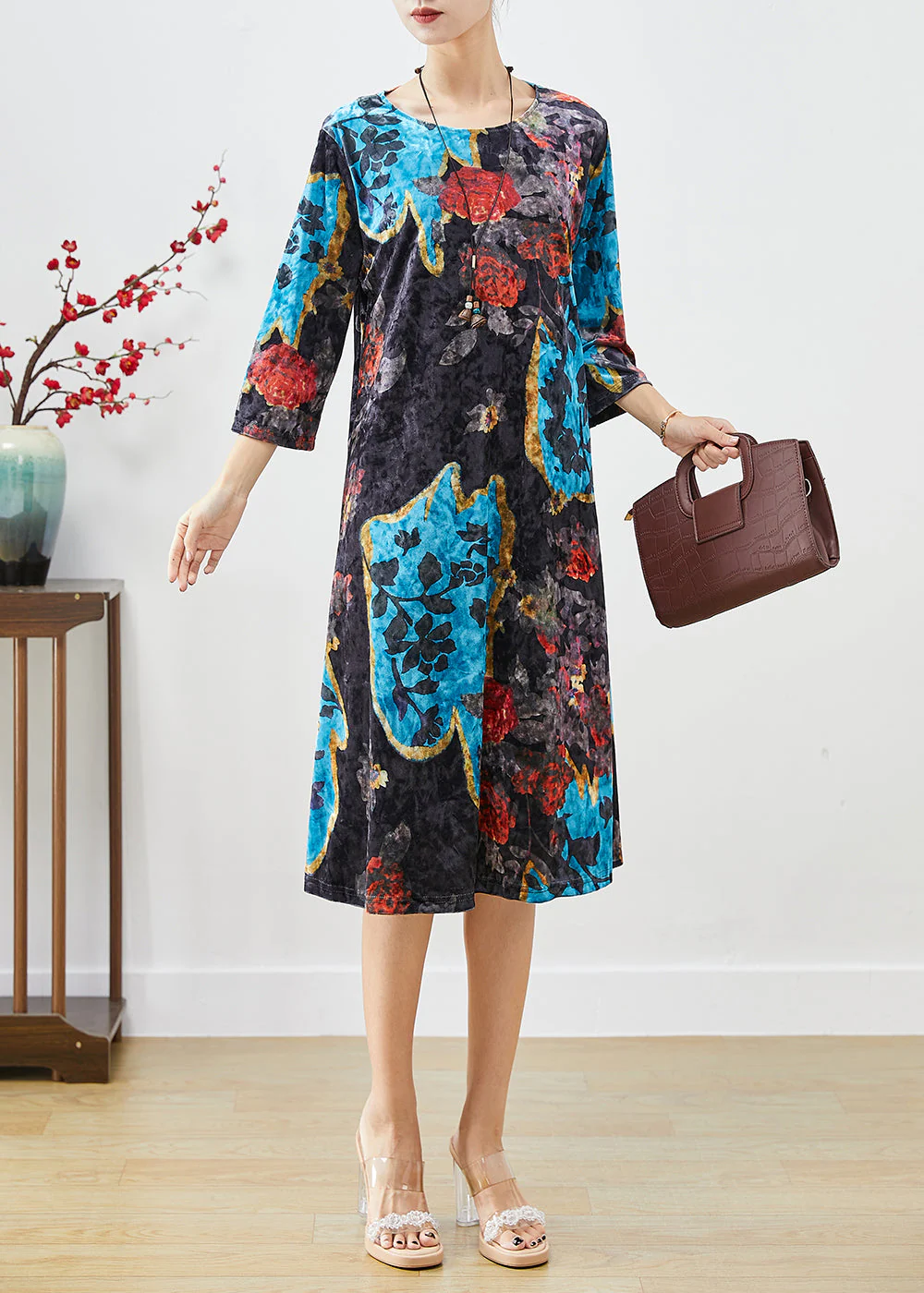 French Black O-Neck Print Silk Velour Maxi Dresses Bracelet Sleeve - Image 2