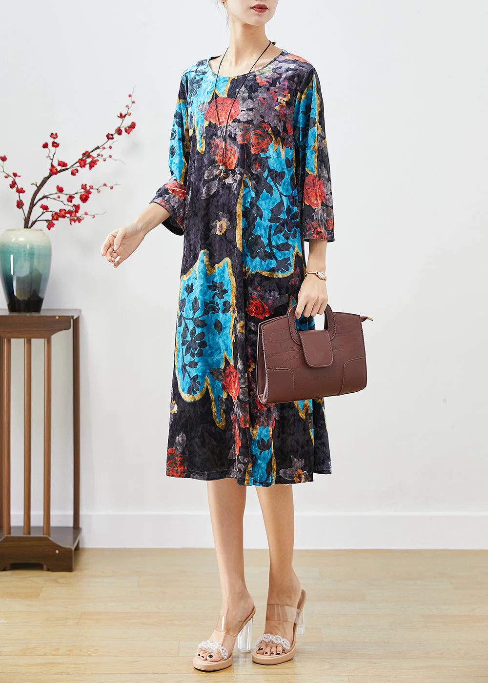 French Black O-Neck Print Silk Velour Maxi Dresses Bracelet Sleeve - Image 3