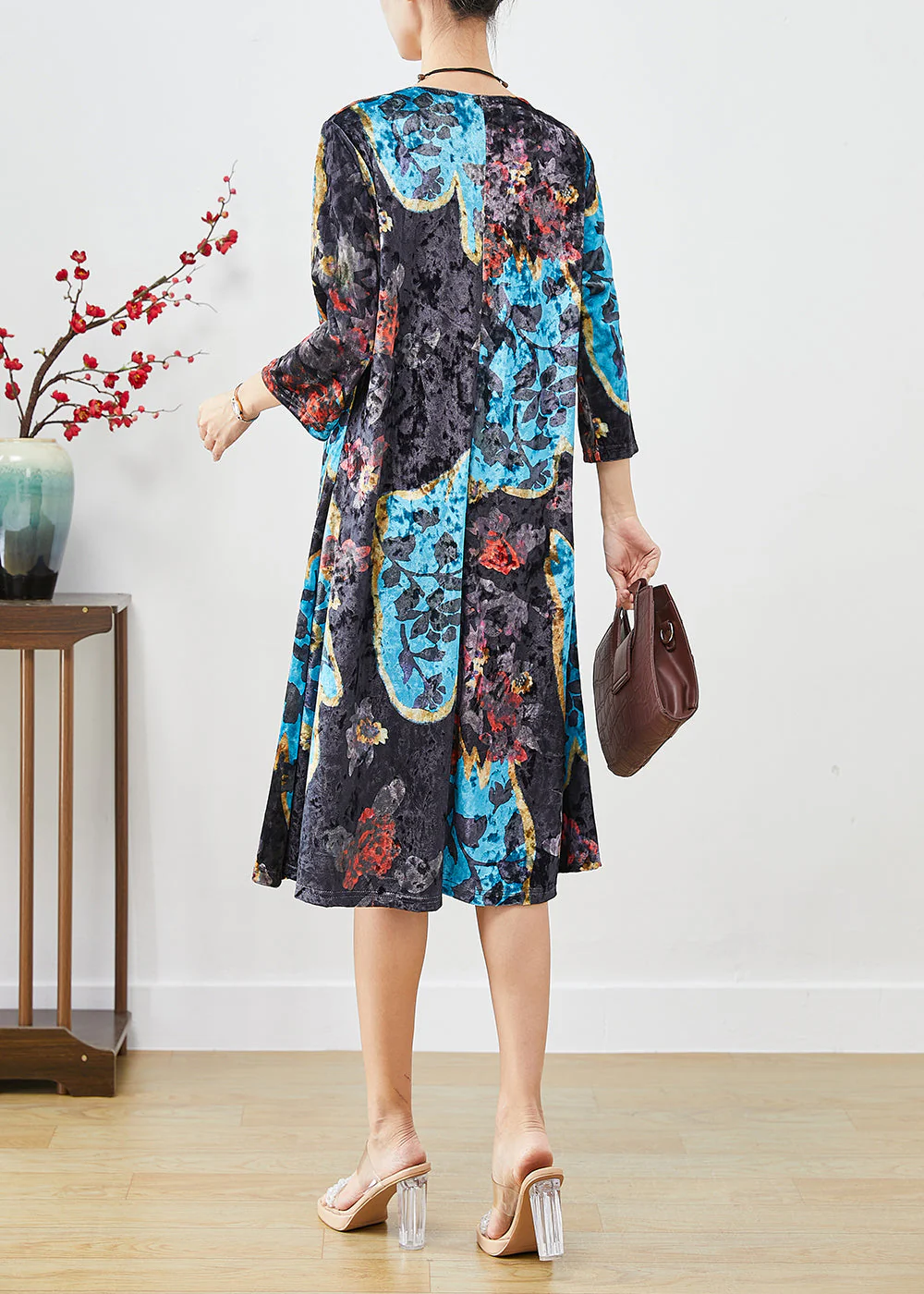 French Black O-Neck Print Silk Velour Maxi Dresses Bracelet Sleeve - Image 4