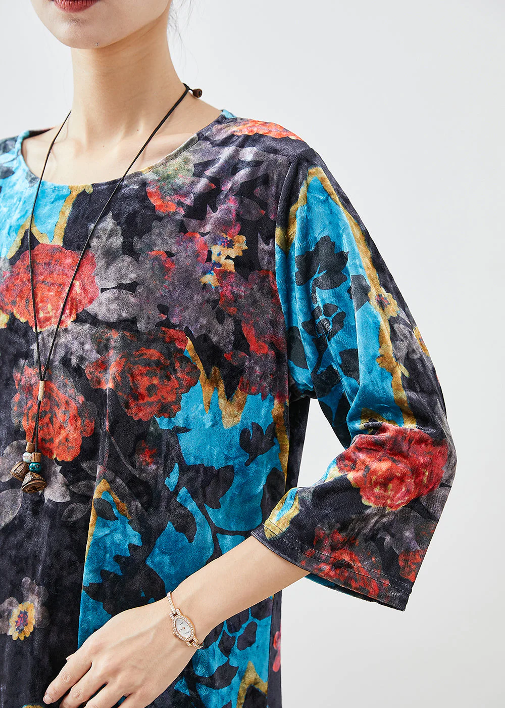 French Black O-Neck Print Silk Velour Maxi Dresses Bracelet Sleeve - Image 5