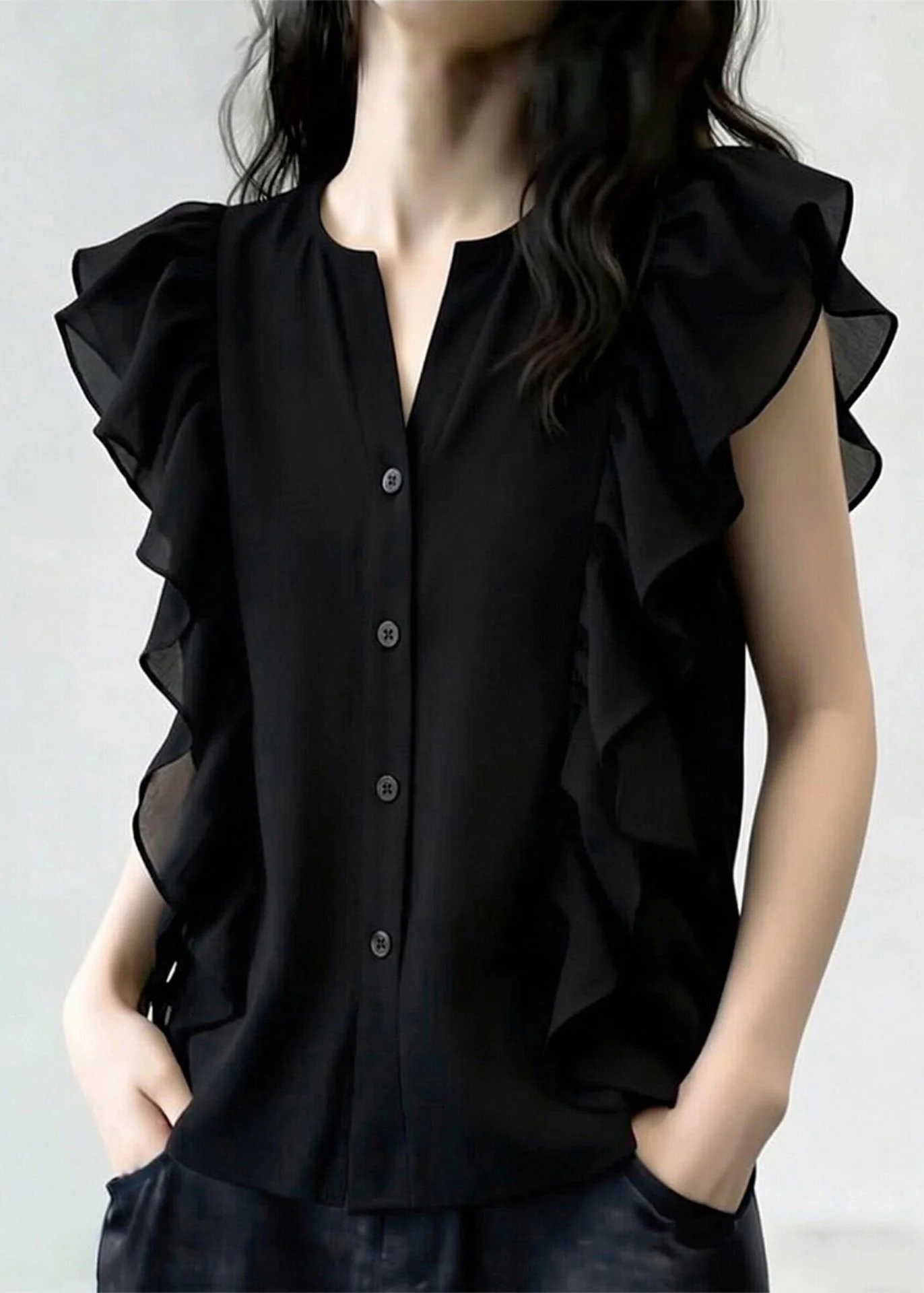 French Black O-Neck Ruffled Patchwork Chiffon Shirt Summer