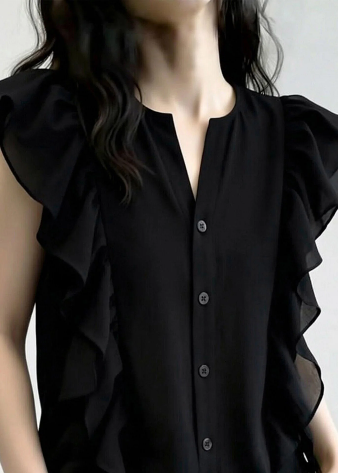 French Black O-Neck Ruffled Patchwork Chiffon Shirt Summer - Image 2