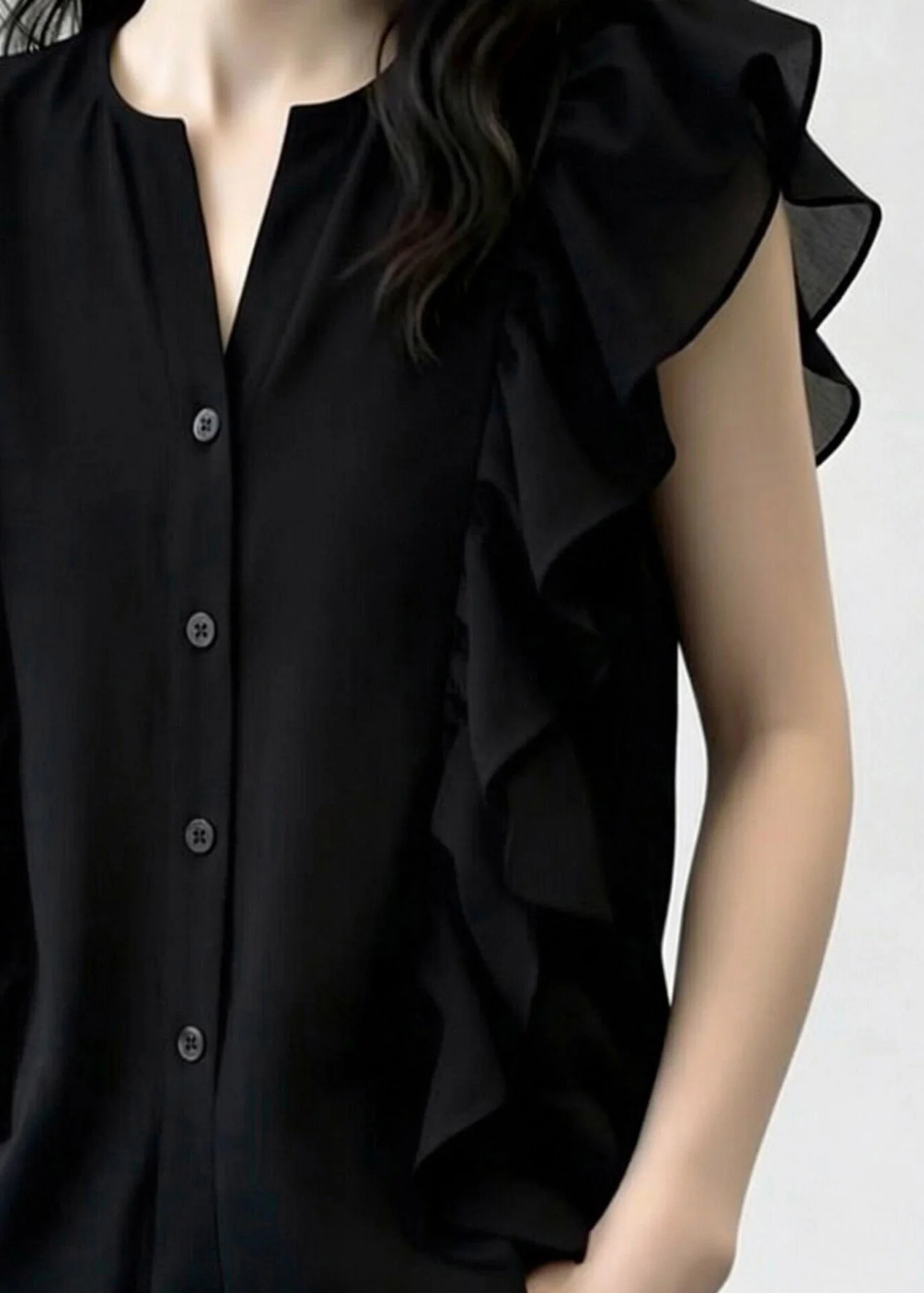 French Black O-Neck Ruffled Patchwork Chiffon Shirt Summer - Image 3
