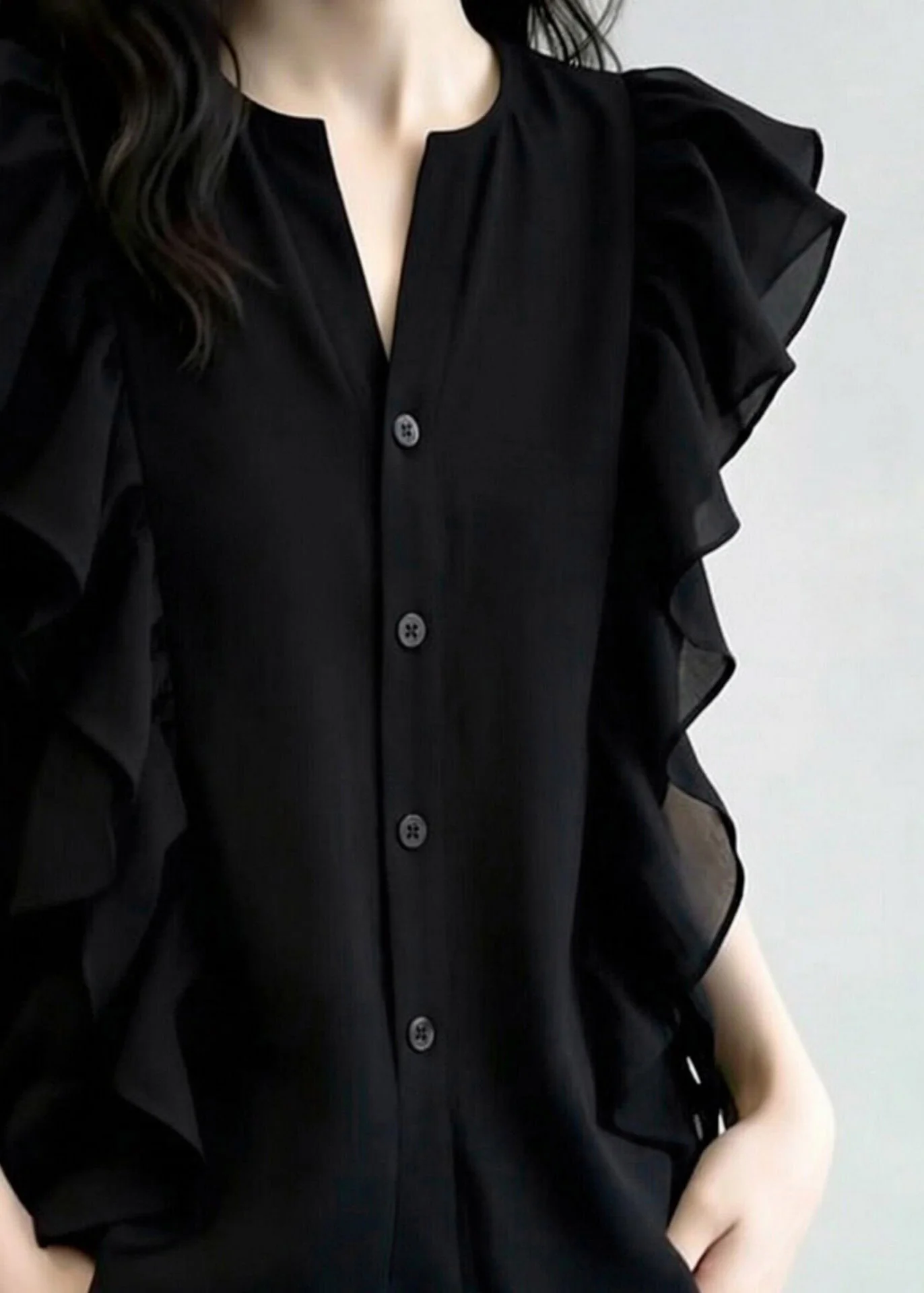 French Black O-Neck Ruffled Patchwork Chiffon Shirt Summer - Image 4