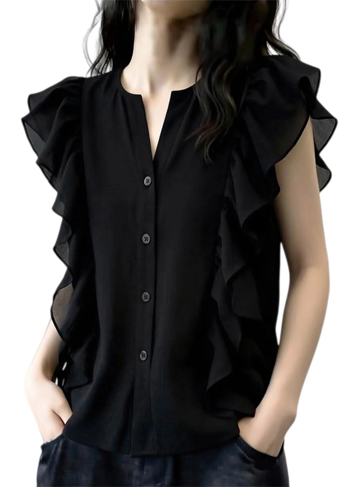 French Black O-Neck Ruffled Patchwork Chiffon Shirt Summer - Image 5