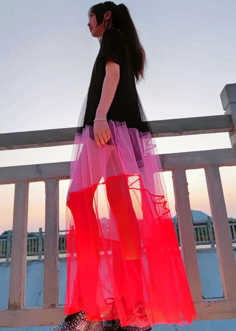 French Black O Neck Tulle Patchwork Cotton Long Dresses Summer - Image 3