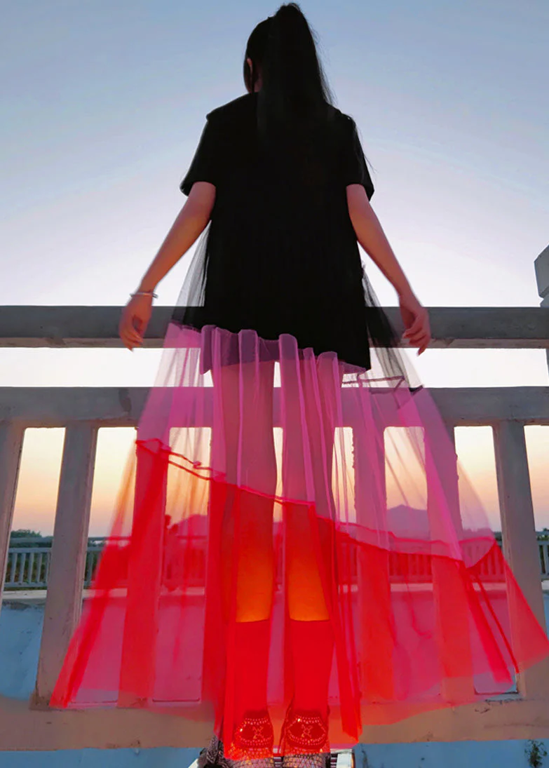 French Black O Neck Tulle Patchwork Cotton Long Dresses Summer - Image 4