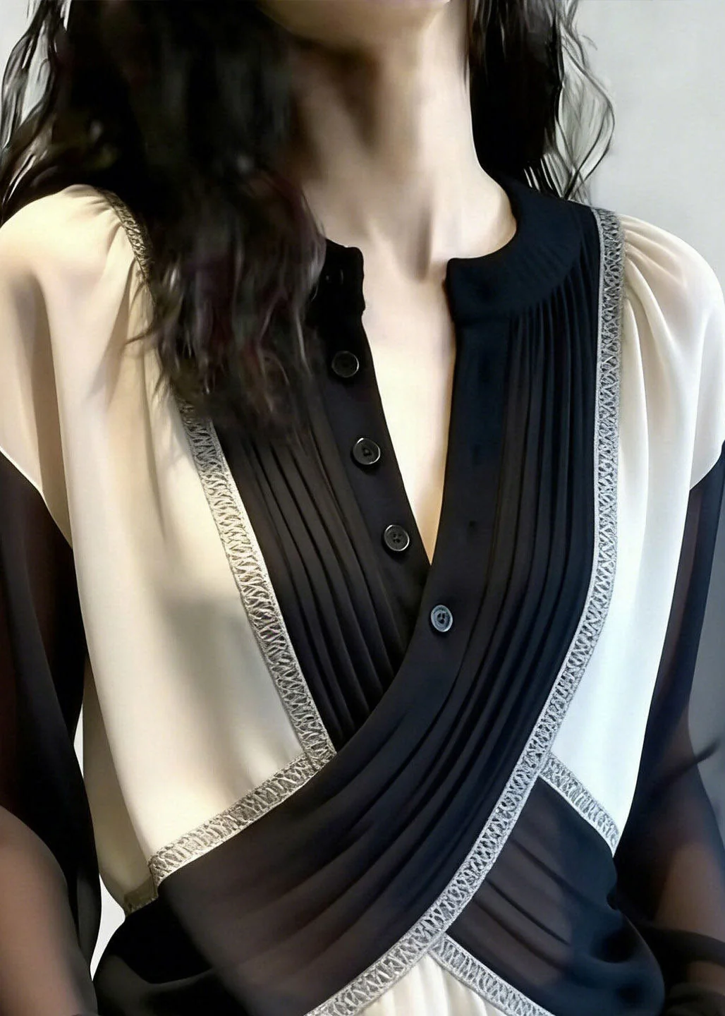 French Black O-Neck Tulle Patchwork Shirt Lantern Sleeve - Image 2