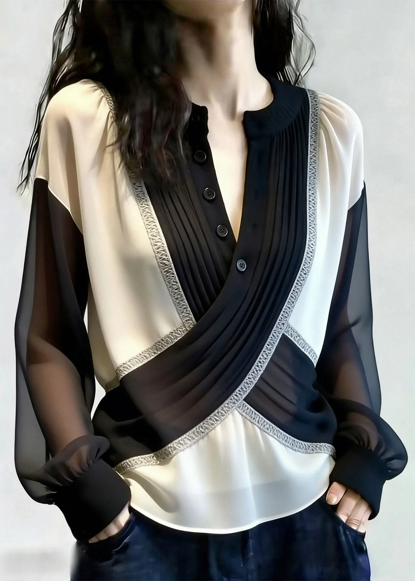 French Black O-Neck Tulle Patchwork Shirt Lantern Sleeve - Image 3