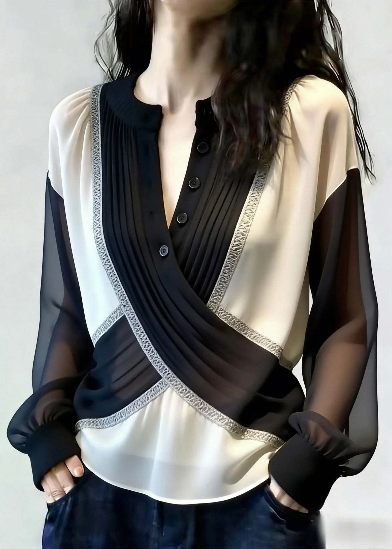 French Black O-Neck Tulle Patchwork Shirt Lantern Sleeve - Image 5