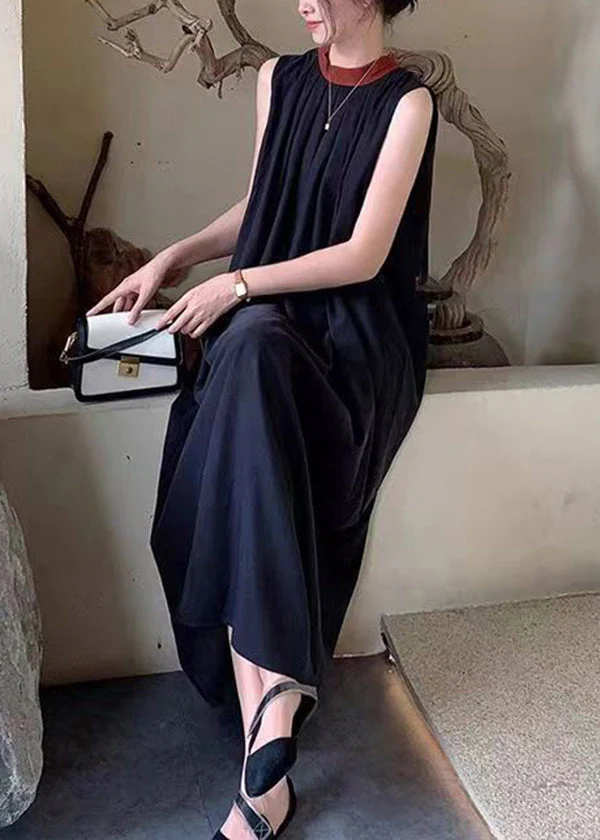 French Black O-Neck Wrinkled Cotton Dresses Sleeveless - Image 2