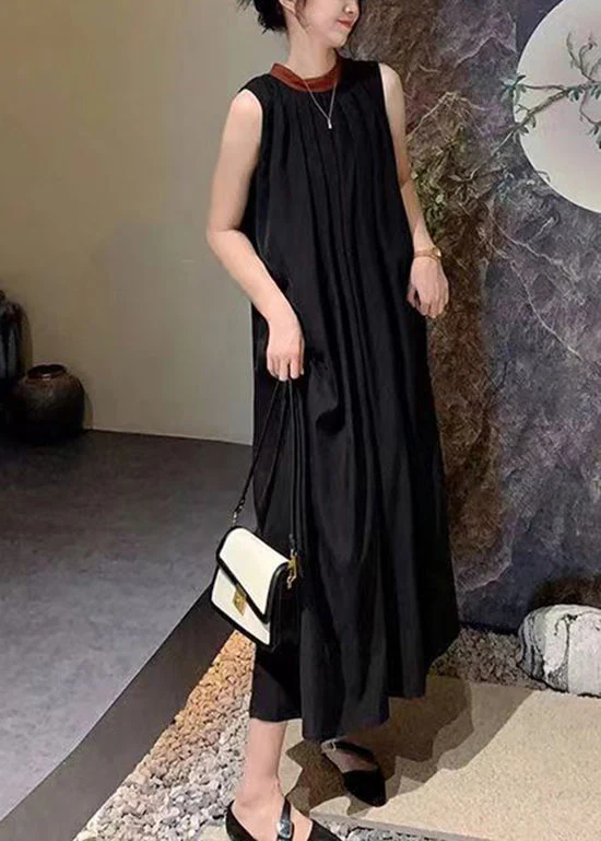 French Black O-Neck Wrinkled Cotton Dresses Sleeveless - Image 3