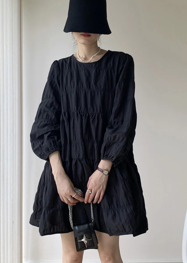 French Black O Neck Wrinkled Patchwork Cotton Mid Dresses Fall - Image 2