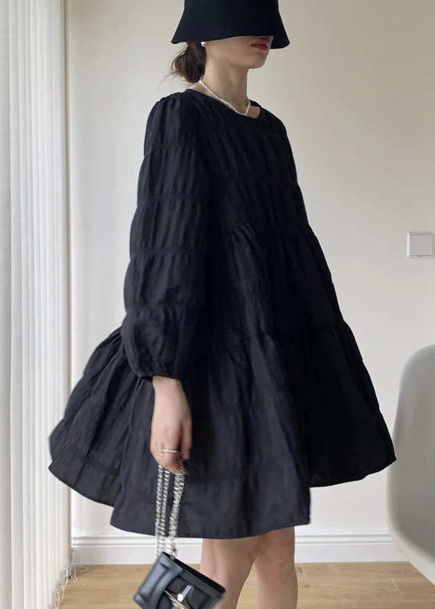 French Black O Neck Wrinkled Patchwork Cotton Mid Dresses Fall - Image 3