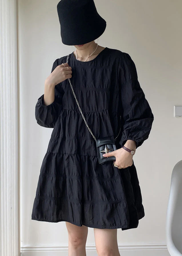 French Black O Neck Wrinkled Patchwork Cotton Mid Dresses Fall - Image 4
