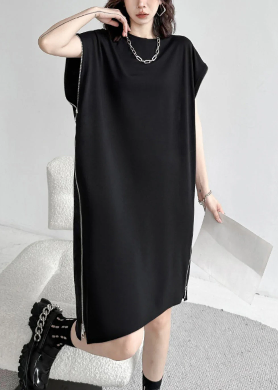 French Black O-Neck Zip Up Patchwork Cotton Mid Dress Summer - Image 3