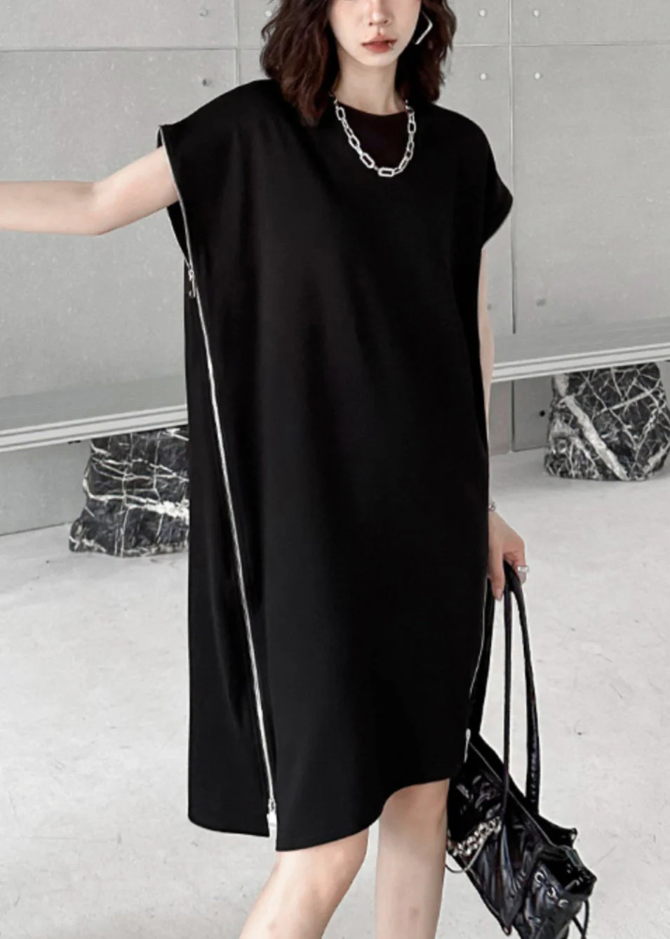 French Black O-Neck Zip Up Patchwork Cotton Mid Dress Summer - Image 4