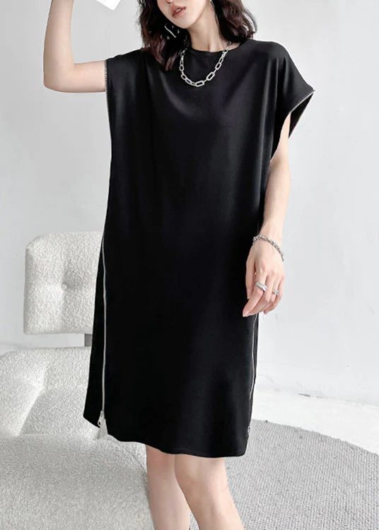 French Black O-Neck Zip Up Patchwork Cotton Mid Dress Summer - Image 5