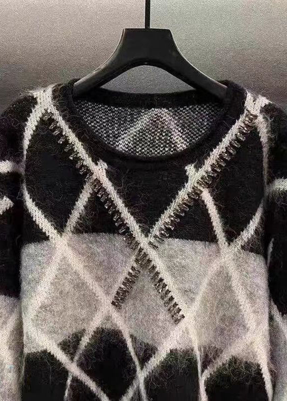 French Black O Neck Zircon Patchwork Knit Sweaters Spring - Image 3