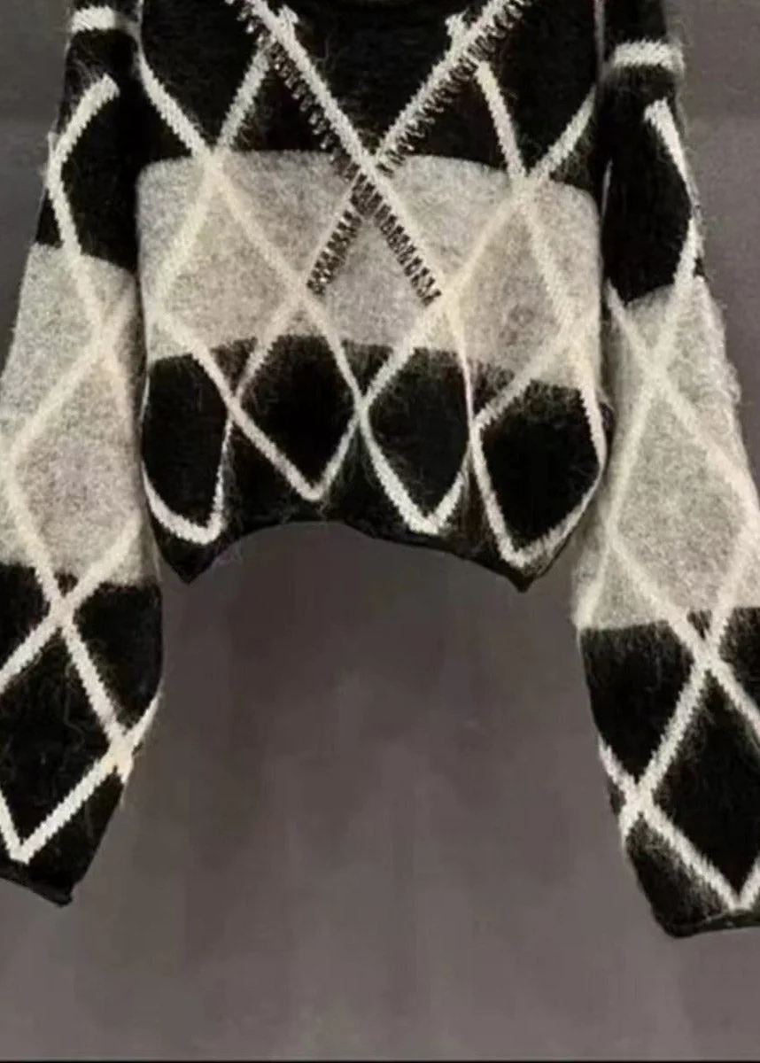 French Black O Neck Zircon Patchwork Knit Sweaters Spring - Image 4