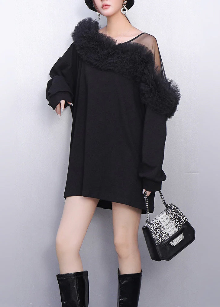 French Black One Shoulder Patchwork Cotton Mini Dress Spring - Image 2