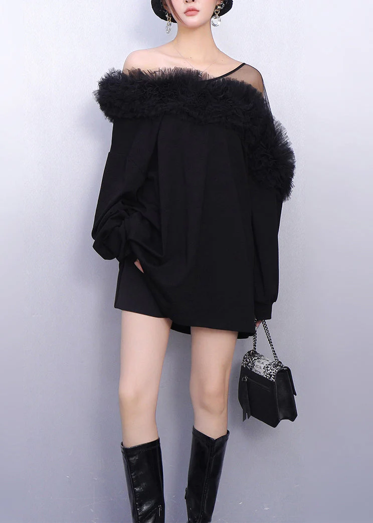 French Black One Shoulder Patchwork Cotton Mini Dress Spring - Image 3