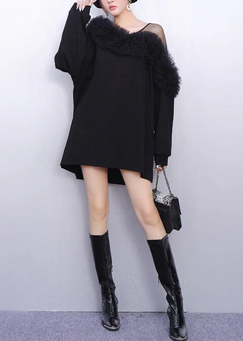 French Black One Shoulder Patchwork Cotton Mini Dress Spring - Image 4