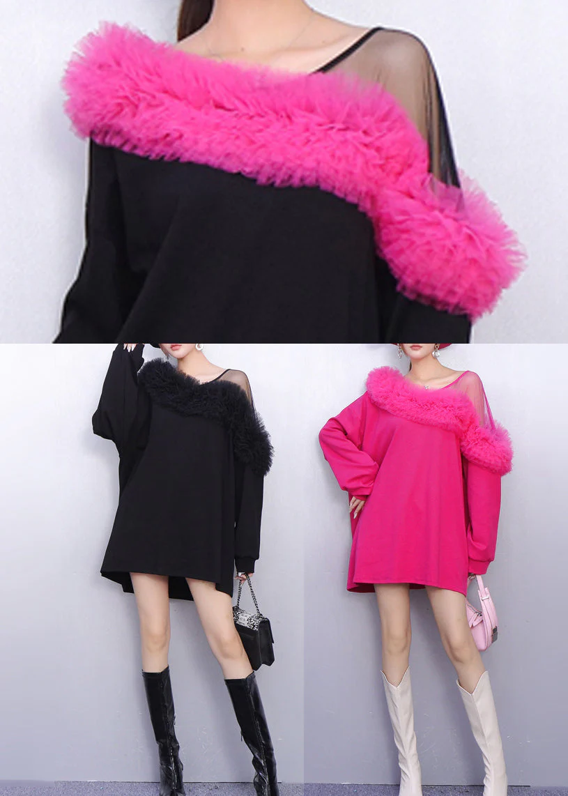 French Black One Shoulder Patchwork Cotton Mini Dress Spring - Image 5