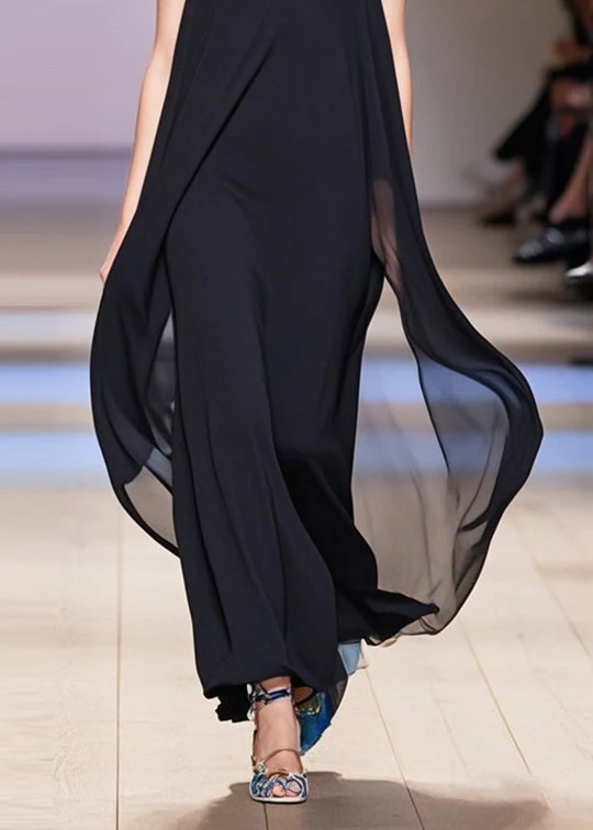French Black Oversized Draping Chiffon Maxi Dresses Sleeveless - Image 4
