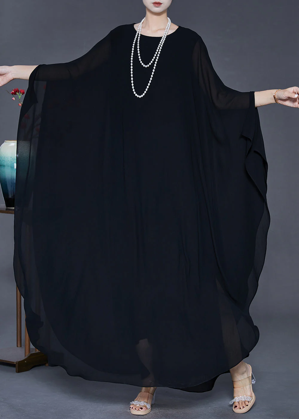 French Black Oversized Draping Chiffon Vacation Dresses Summer - Image 2