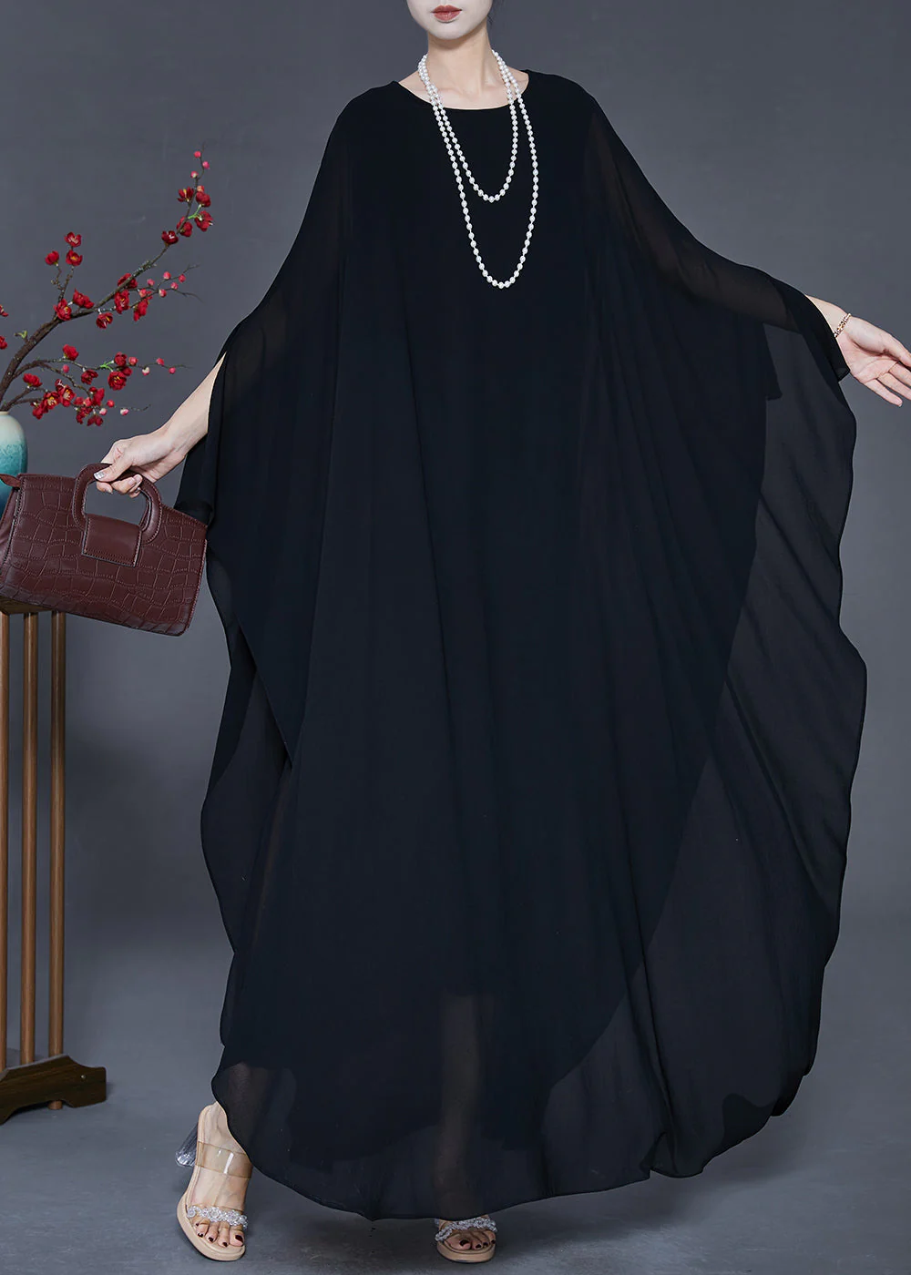 French Black Oversized Draping Chiffon Vacation Dresses Summer - Image 3