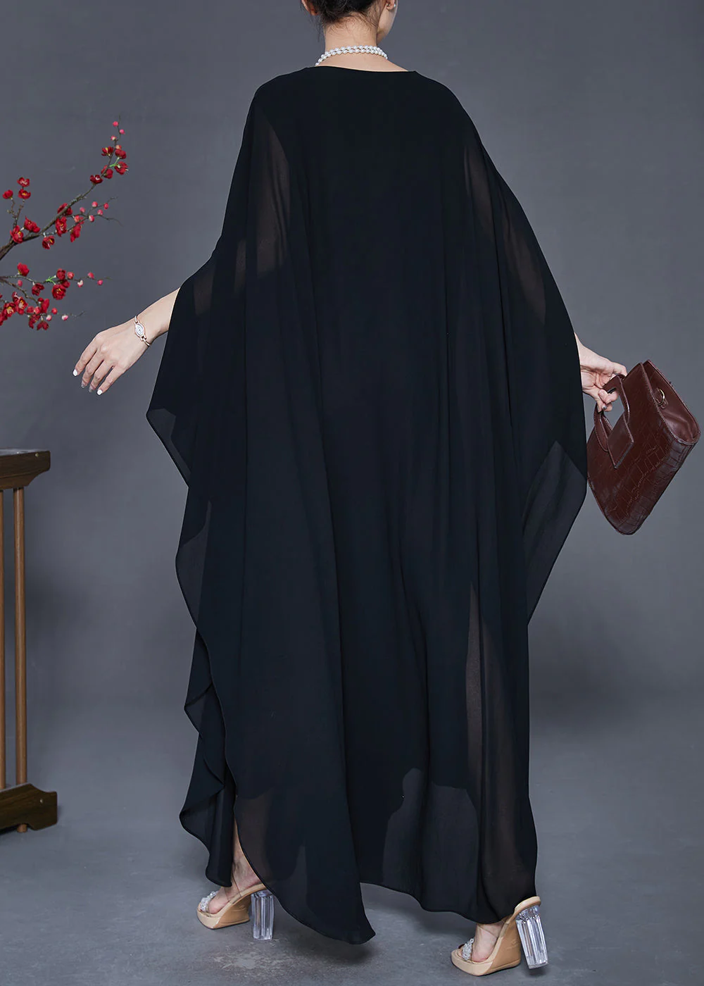 French Black Oversized Draping Chiffon Vacation Dresses Summer - Image 4