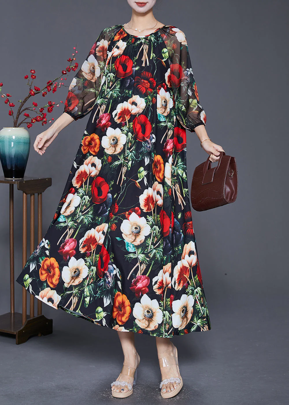 French Black Oversized Floral Print Draping Chiffon Dresses Summer - Image 2
