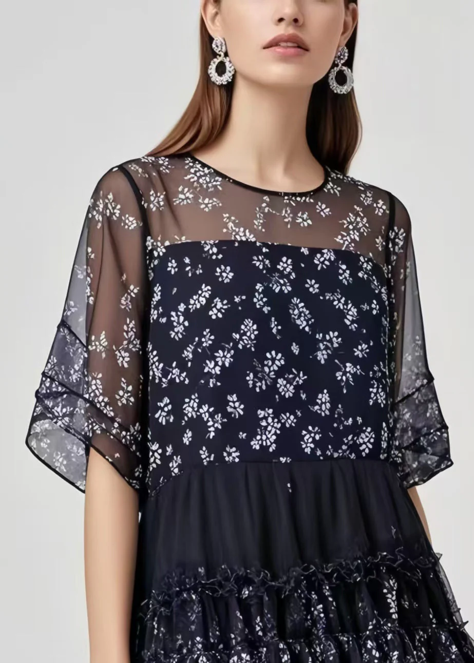 French Black Oversized Patchwork Chiffon Work Dress Summer - Image 2