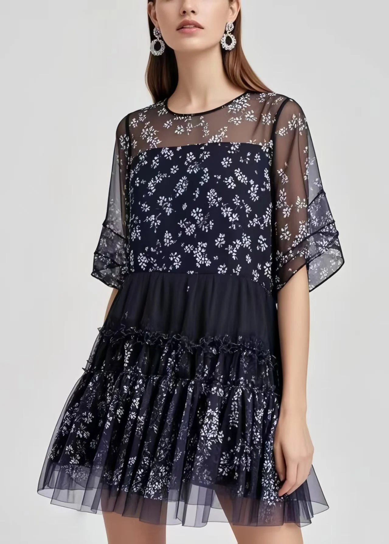 French Black Oversized Patchwork Chiffon Work Dress Summer - Image 3