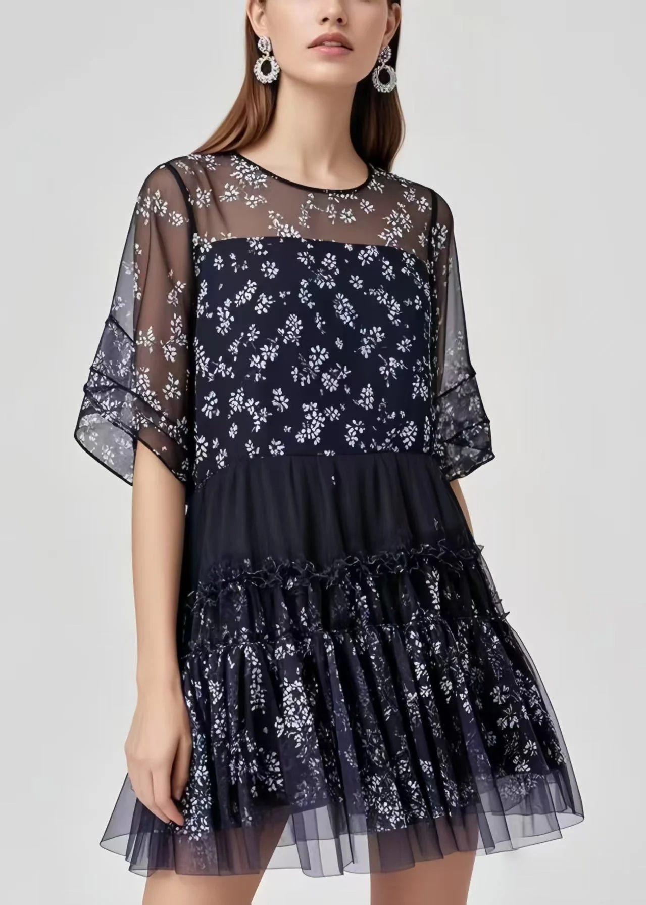 French Black Oversized Patchwork Chiffon Work Dress Summer - Image 5