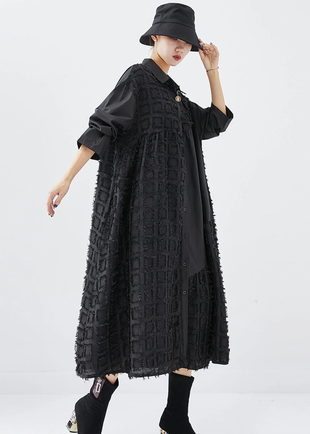 French Black Oversized Patchwork Cotton Holiday Dress Fall - Image 3