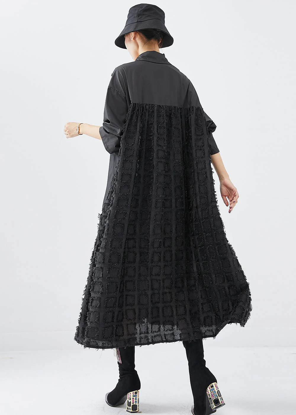 French Black Oversized Patchwork Cotton Holiday Dress Fall - Image 4