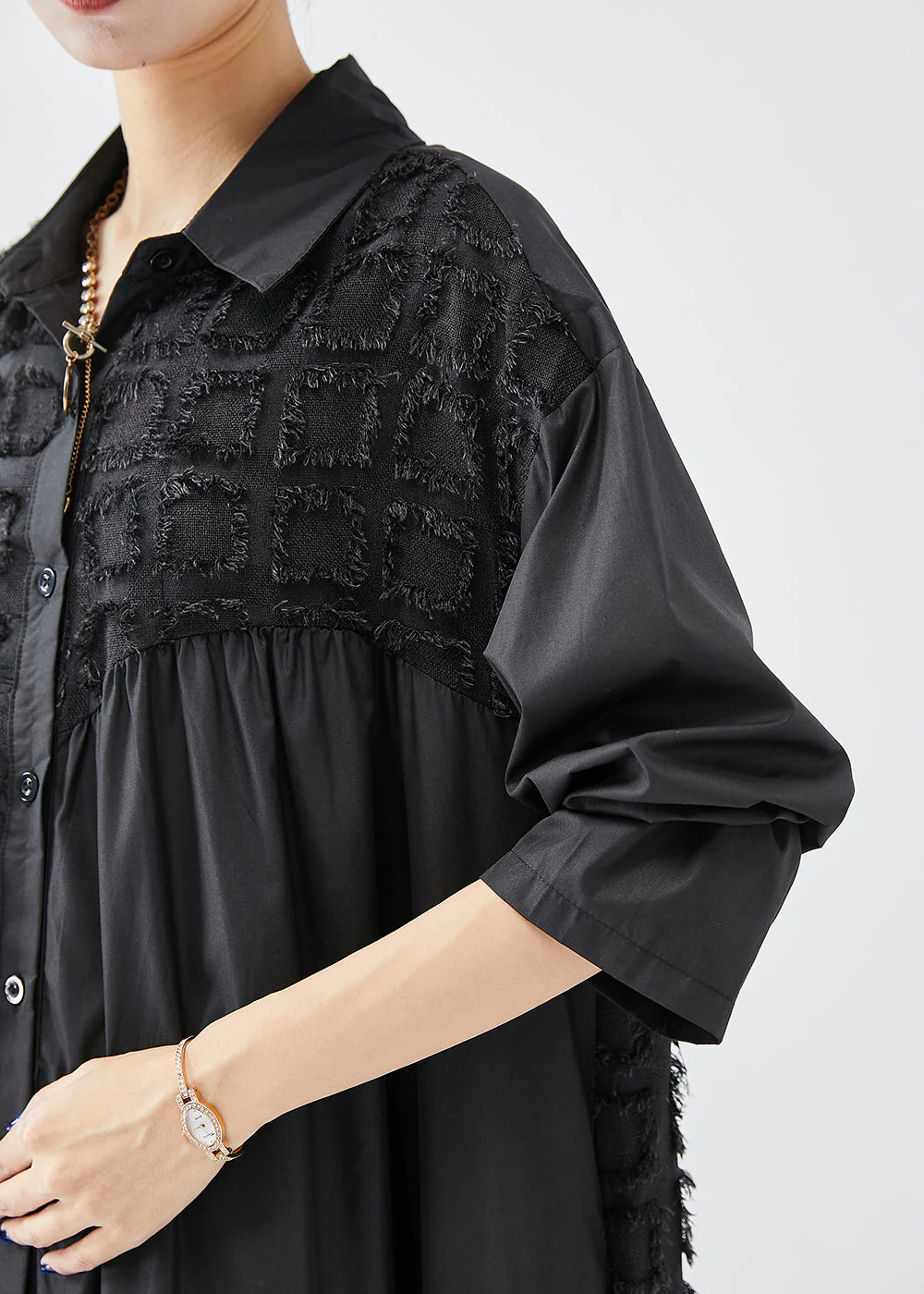 French Black Oversized Patchwork Cotton Holiday Dress Fall - Image 5