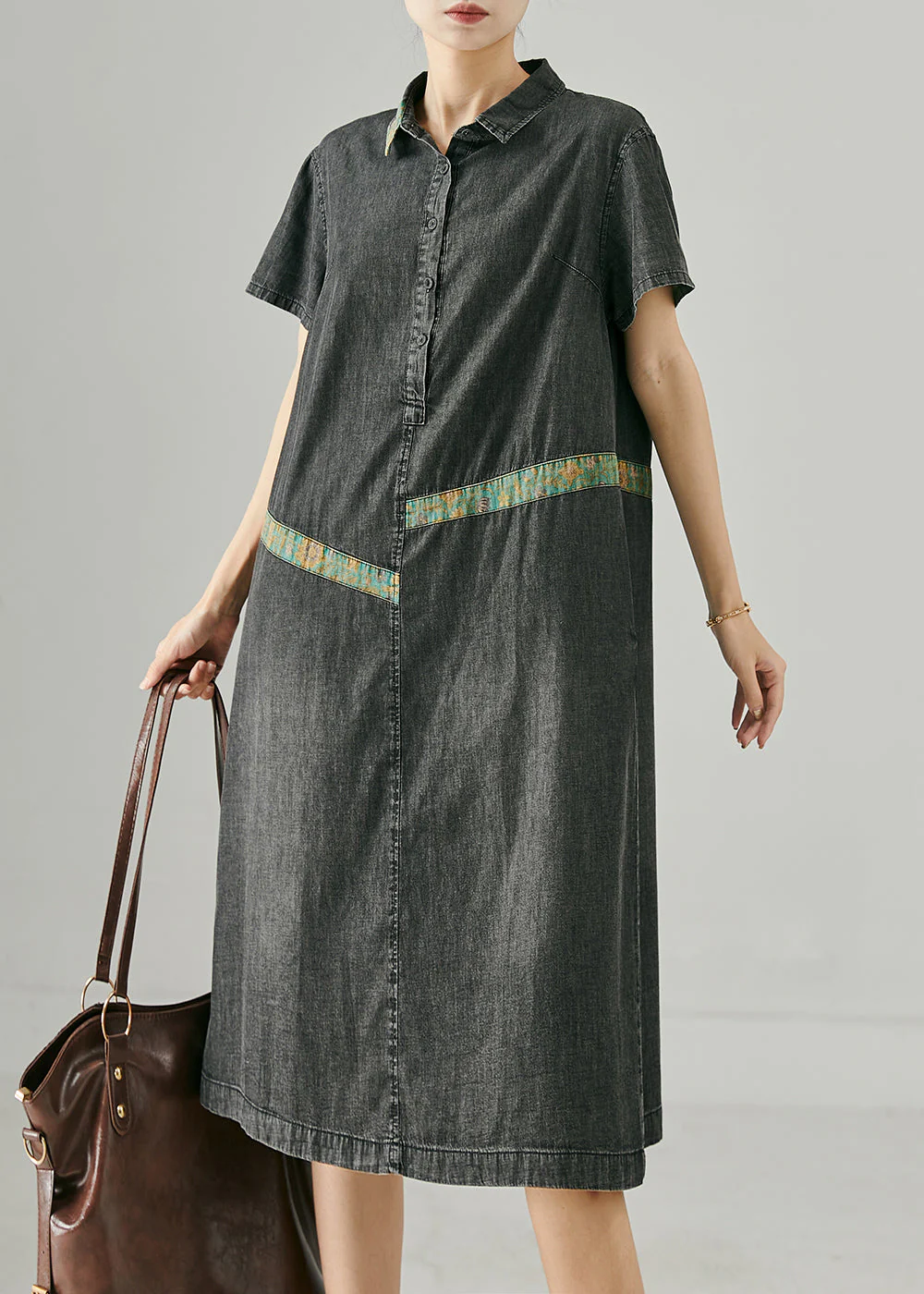 French Black Oversized Patchwork Denim Dresses Summer - Image 2