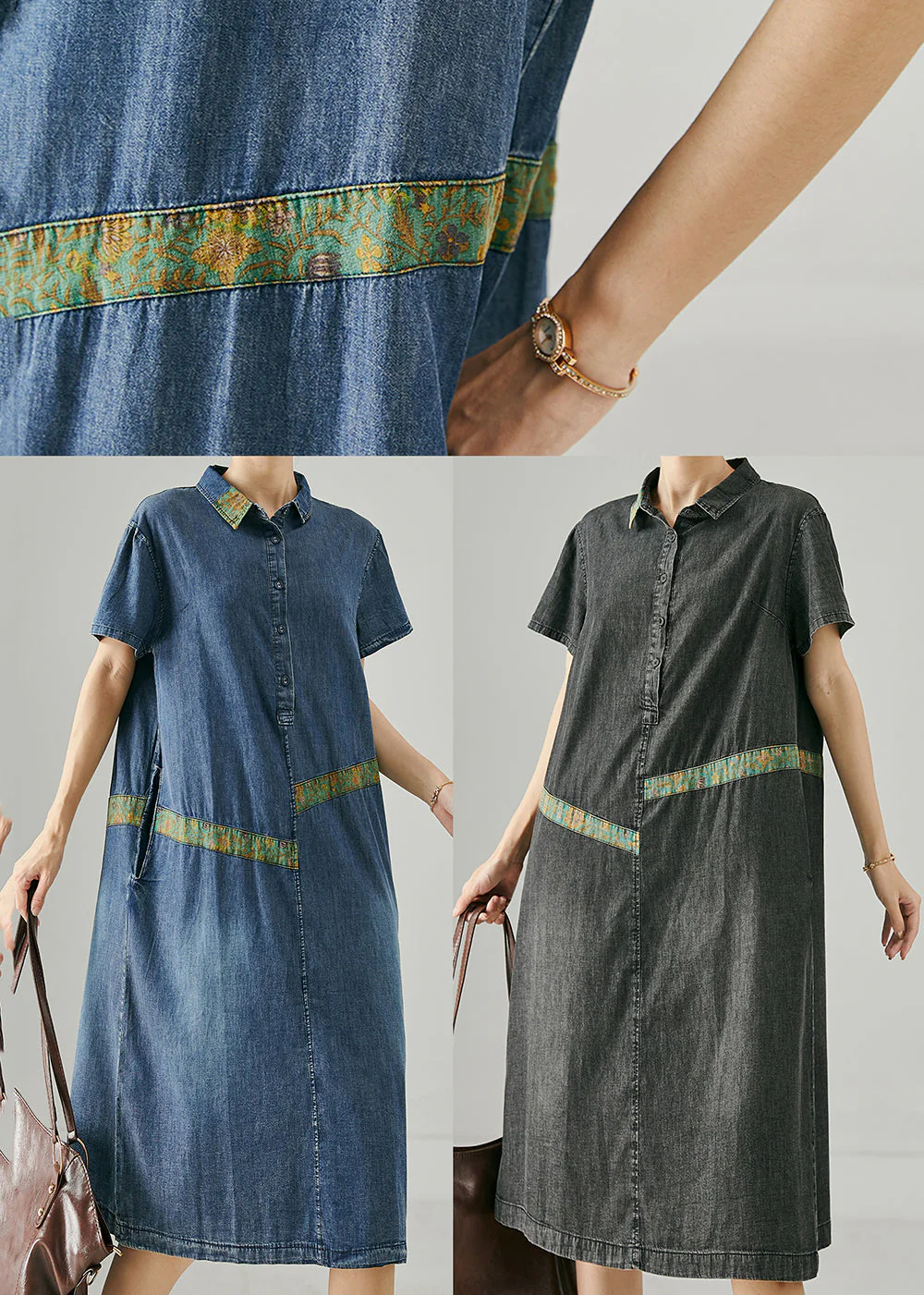 French Black Oversized Patchwork Denim Dresses Summer - Image 5