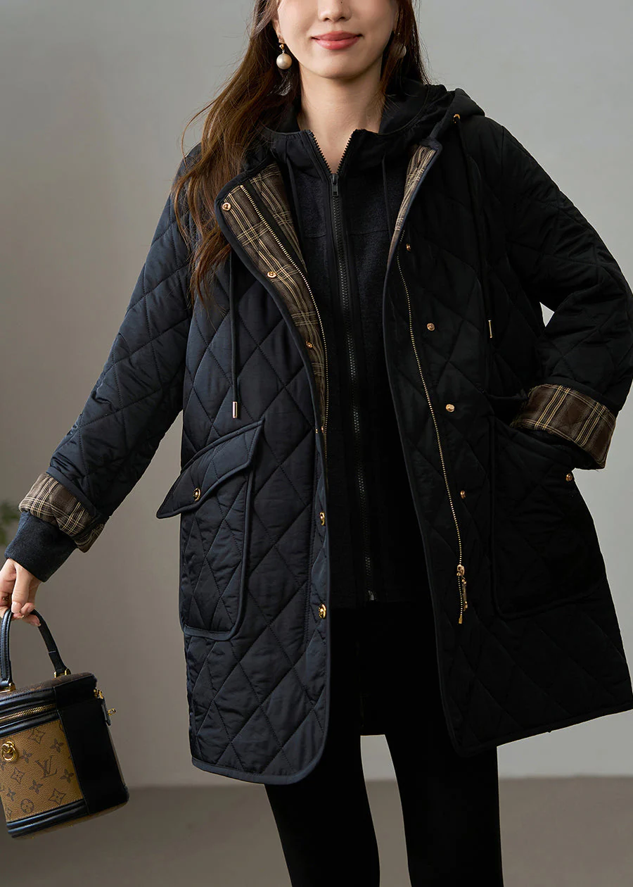 French Black Oversized Patchwork Fine Cotton Filled Hooded Coat Winter