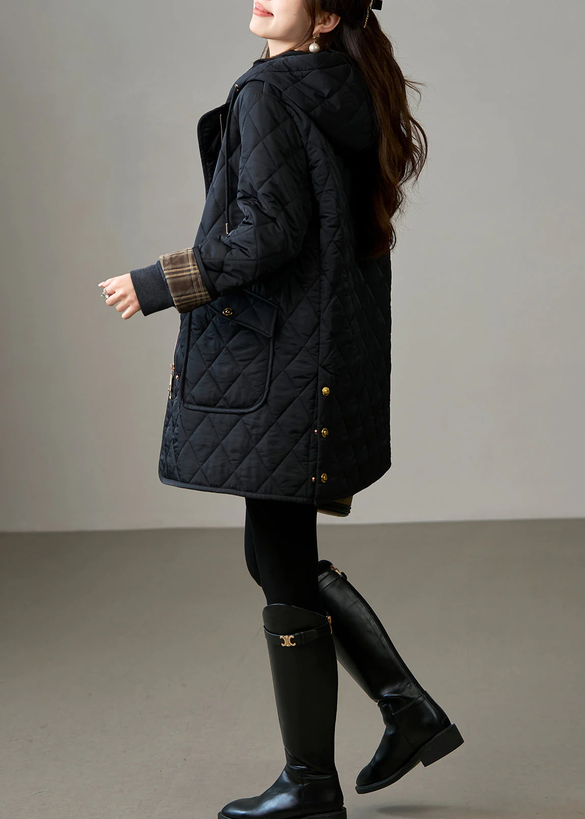 French Black Oversized Patchwork Fine Cotton Filled Hooded Coat Winter - Image 5