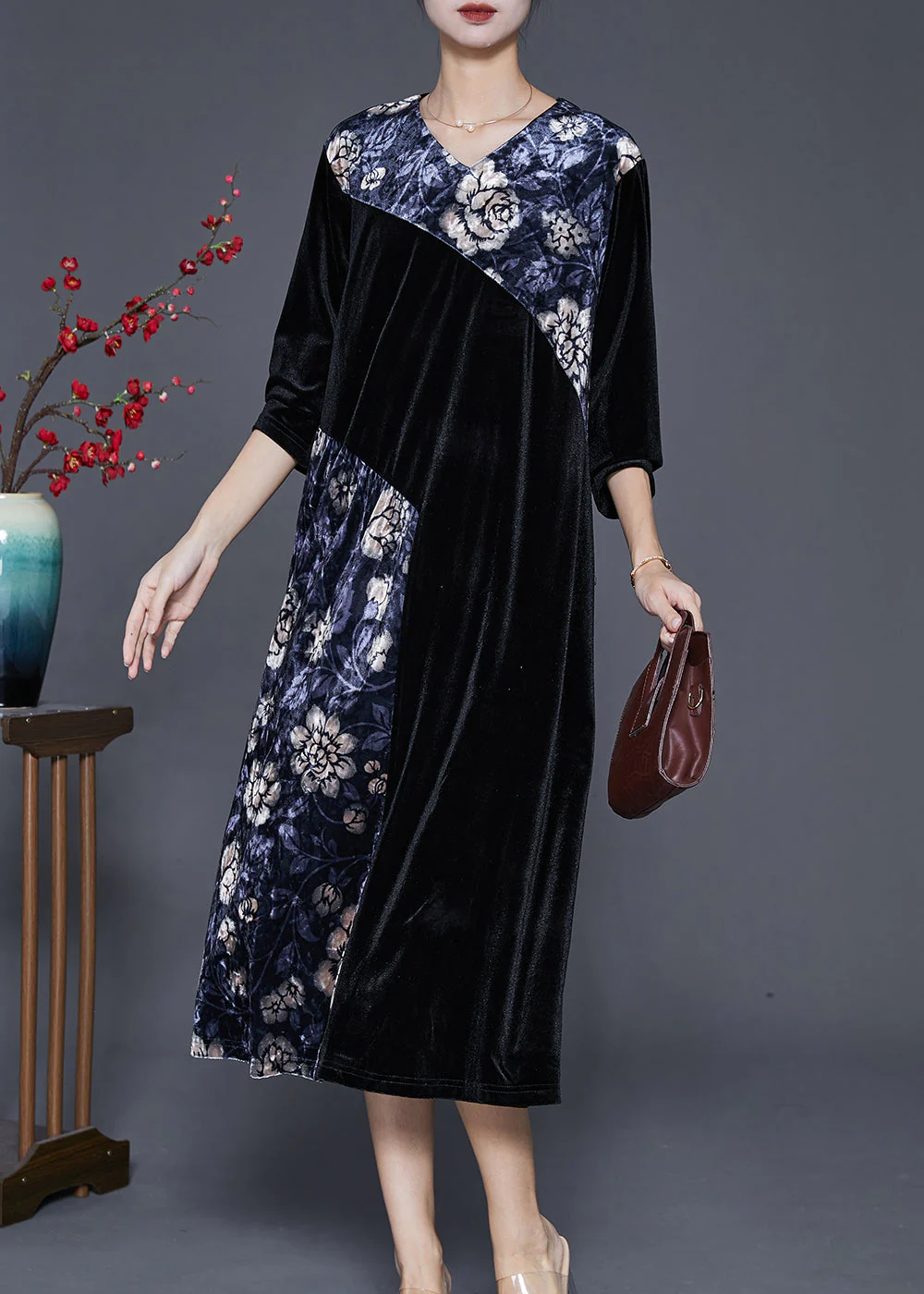 French Black Oversized Patchwork Silk Velour Dresses Half Sleeve - Image 2