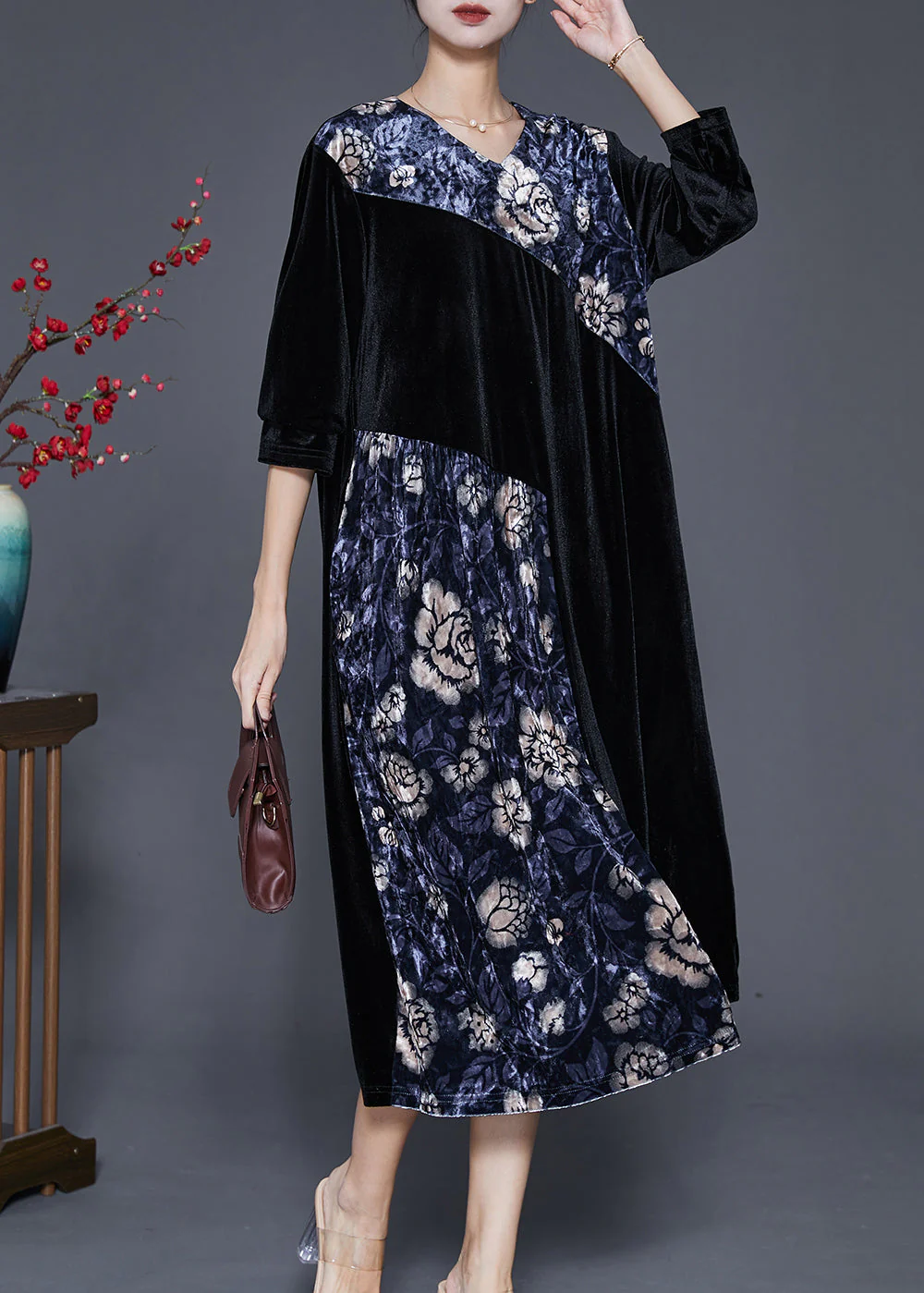 French Black Oversized Patchwork Silk Velour Dresses Half Sleeve - Image 3