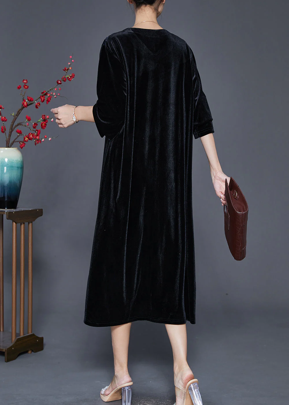 French Black Oversized Patchwork Silk Velour Dresses Half Sleeve - Image 4